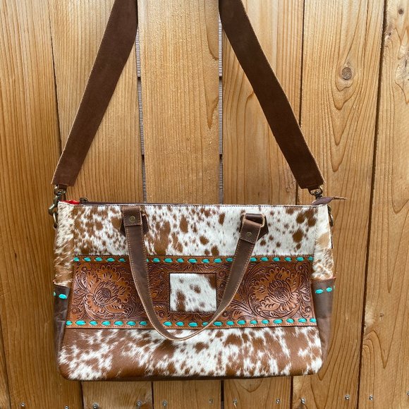 Cowhide Tooled Leather Tote Bag - Picture 1 of 6